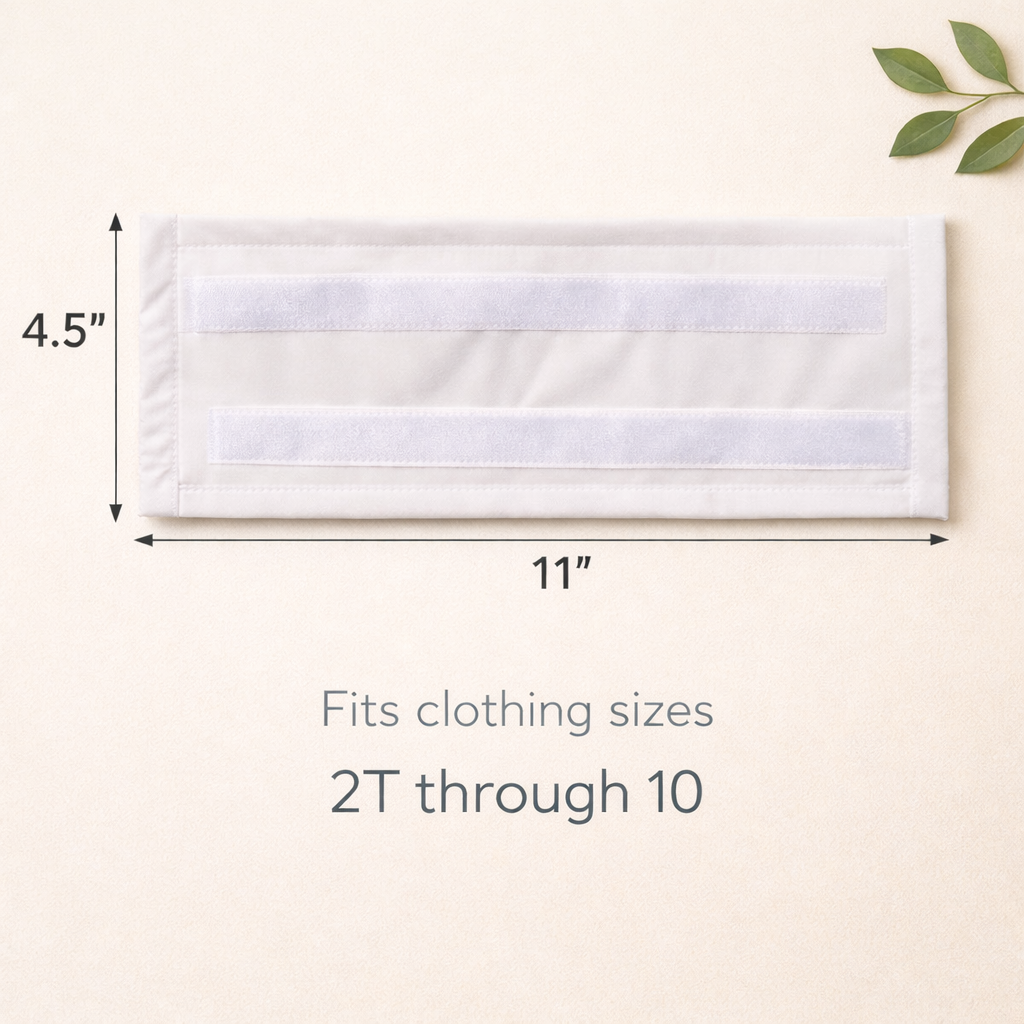 Rectangular white fabric patch with velcro, 4.5 by 11 inches.