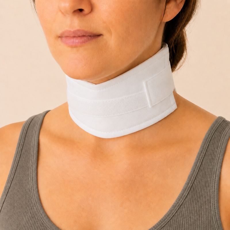Woman wearing a thyroid castor oil pack around her neck.