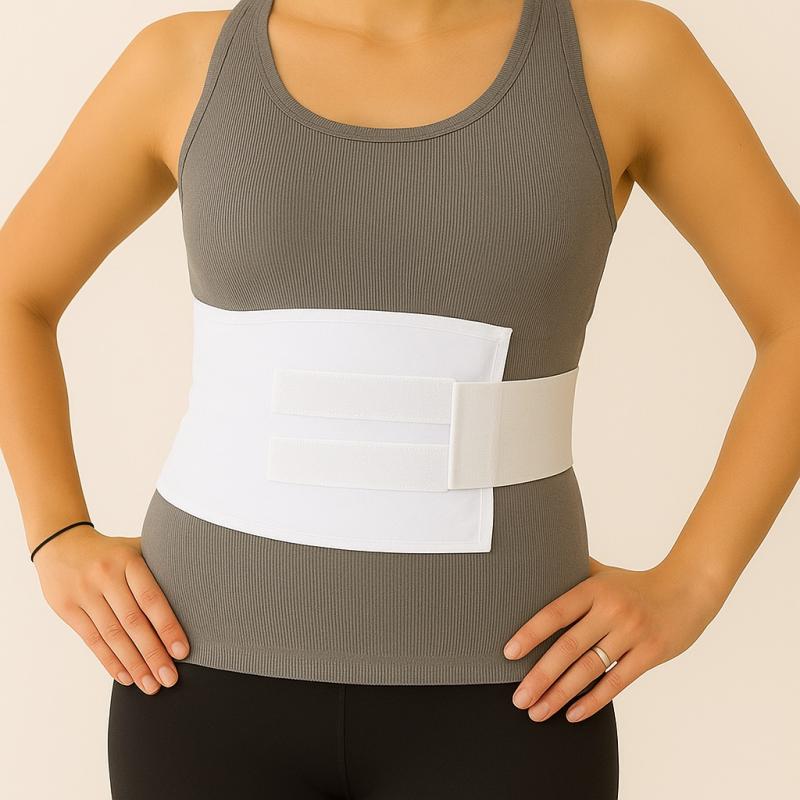 Woman wearing a gray tank top with a white abdominal binder.